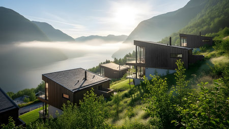 Modern hillside cabins overlooking a misty fjord at sunrise in a serene mountainous landscape.