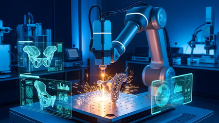 Advanced robotic arm utilizing 3d printing for personalized medical implants in a high-tech lab