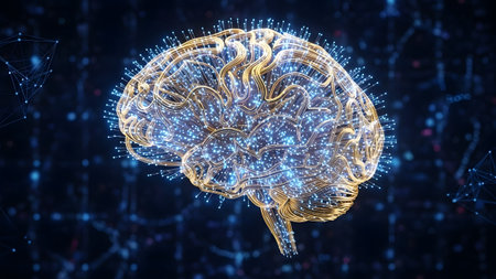 Digital brain illuminating artificial intelligence and complex neural network connections