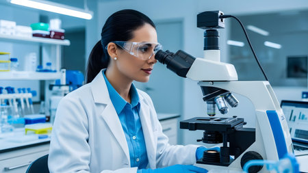 Female scientist in safety goggles meticulously examines samples under a powerful microscope