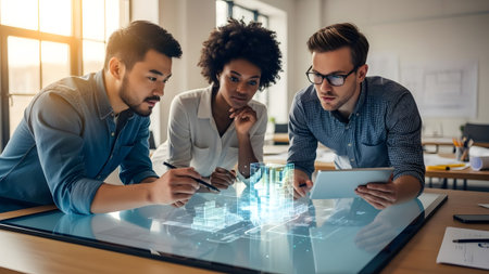 Diverse team collaborating on a futuristic architectural project using advanced holographic technologyの写真素材
