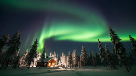 Magical northern lights illuminate a rustic cabin nestled in a snowy forest landscape