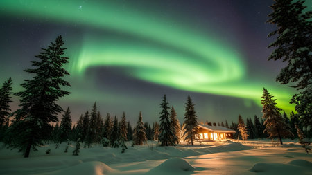 A serene winter night with a cozy cabin illuminated beneath the breathtaking northern lights