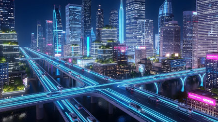 Futuristic smart city at night with illuminated highways and glowing skyscrapers