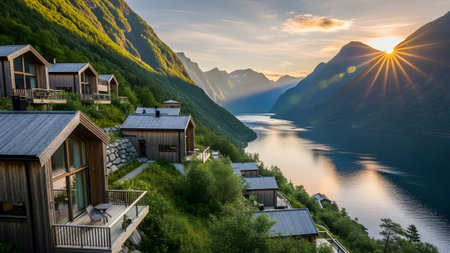 Rustic wooden cabins nestled on a green mountainside overlooking a stunning fjord at sunsetの写真素材