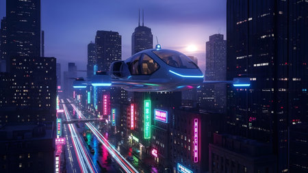 Futuristic flying vehicle glides above a vibrant neon-lit city at twilightの写真素材