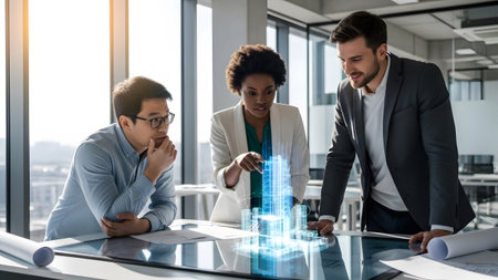 Professionals collaborating on a holographic urban planning project in a modern office