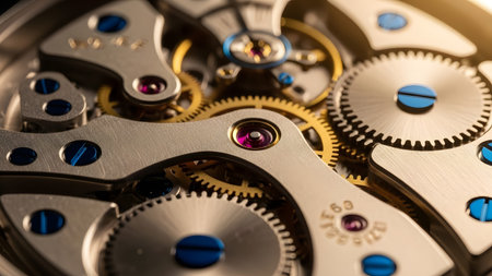 Precision mechanics: a close-up view of an intricate automatic watch movementの写真素材
