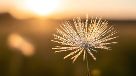 A dazzling dandelion seed head adorned with sparkling dew drops glowing brightly at dawnの写真素材