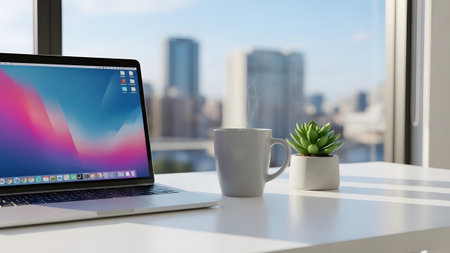 A vibrant workspace with a laptop, steaming coffee, and a succulent overlooking a modern city...
