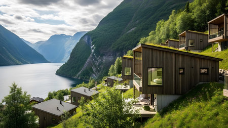 Modern cabins with green roofs overlooking a majestic norwegian fjord landscapeの写真素材