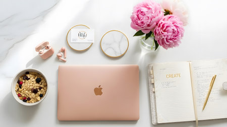 Modern workspace featuring a rose gold laptop, healthy breakfast, and fresh pink peoniesの写真素材