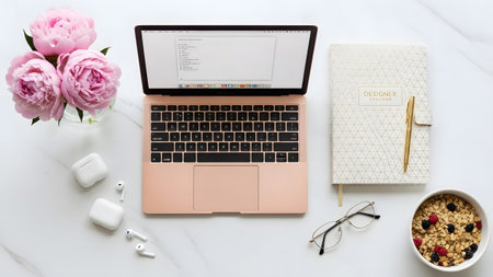 Organized workspace with a rose gold laptop, flowers, and a healthy snack for a productive dayの写真素材