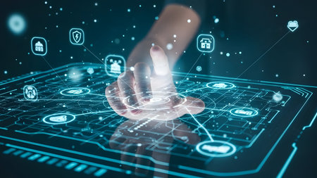 Hand interacting with a holographic interface, managing a complex digital network