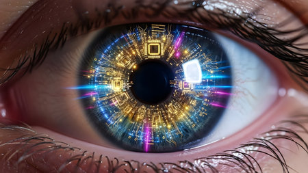 Bionic eye with glowing digital circuit patterns symbolizing advanced technology and data flowの写真素材