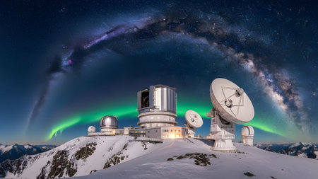 Vast milky way arc over a snow-capped observatory with a stunning aurora display