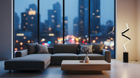 A modern urban living room with a comfortable sectional sofa overlooking a rainy city nightの写真素材