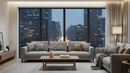 Modern urban living room with a serene city view at twilight during a rain shower