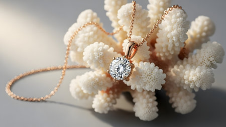 A sparkling diamond pendant on a delicate rose gold chain, elegantly displayed with white coralの写真素材