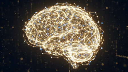 Digital brain network with glowing connections representing artificial intelligence and data...