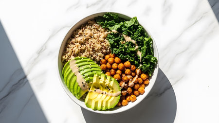 Vibrant and nutritious quinoa power bowl with fresh avocado, kale, and roasted chickpeas
