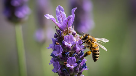 Honey bee diligently gathering nectar and pollen from a beautiful purple lavender flower in a sunny gardenの写真素材