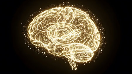 Glowing digital brain made of particles and lines symbolizing artificial intelligence and thought...