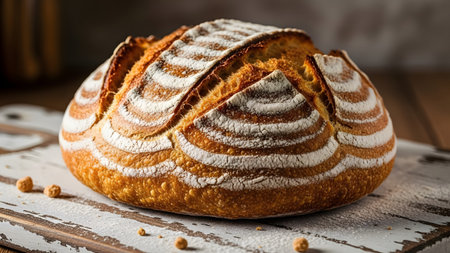 Artisan sourdough bread loaf with beautiful scoring and flour dusting on a rustic board