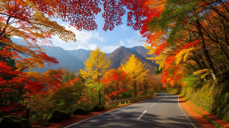 A breathtaking autumn drive along a winding mountain road adorned with vibrant fall foliage