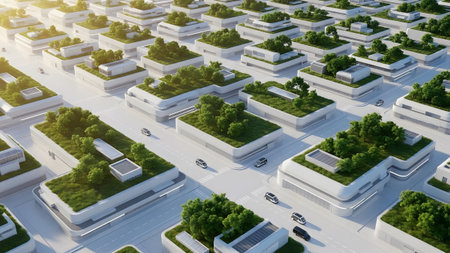 A futuristic cityscape showcasing modern green buildings and sustainable urban planning