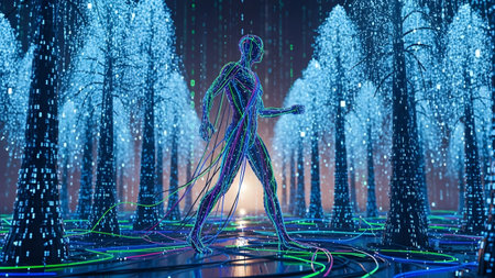 A human-like digital avatar walks through an illuminated data forest