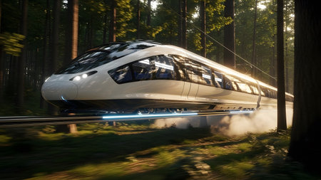 Modern high-speed train glides through a sun-drenched forest, showcasing future travel