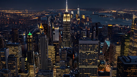 Breathtaking night view of the illuminated new york city skyline with iconic empire state building