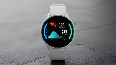 White smartwatch displaying comprehensive health and fitness metrics on its bright screen