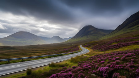 A winding road through purple heather and majestic mountains under a dramatic sky