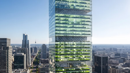Towering vertical farm skyscraper showcasing urban agriculture and sustainable living in a bustling...