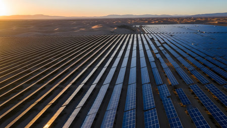 Vast solar panel array in desert landscape at sunrise, generating clean energy