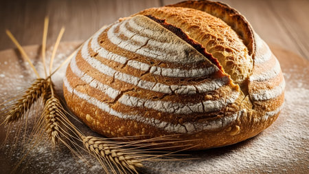 Freshly baked rustic sourdough bread with golden crust, flour stripes, and wheat ears