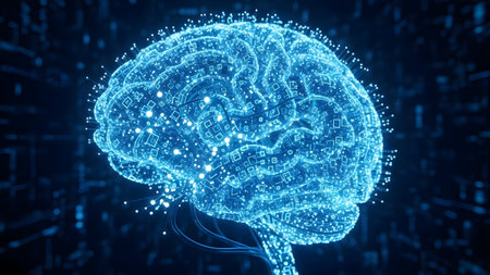 Digital brain network processing information with luminous blue data streams