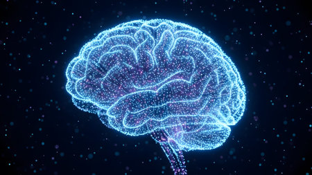 Digital luminous brain formed by interconnected particles symbolizing artificial intelligence and...