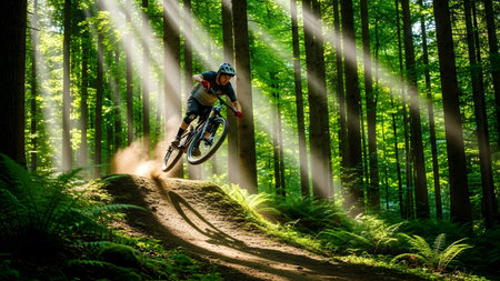 Mountain biker soaring through a sun-dappled forest trail creating an exciting trail of dust