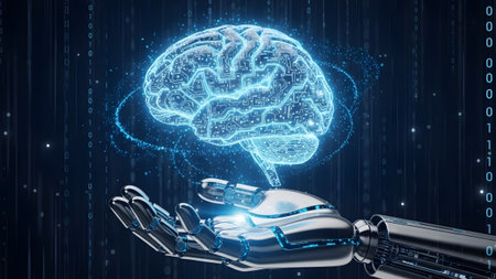 Artificial intelligence brain held by a robotic hand in a digital environment
