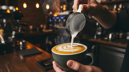 A skilled barista expertly pours frothed milk to craft beautiful latte art in a cozy cafe settingの写真素材