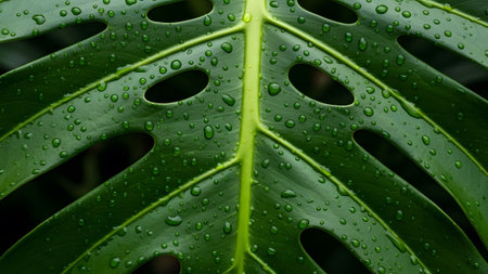 Lush green monstera leaf adorned with sparkling water droplets after a refreshing rain