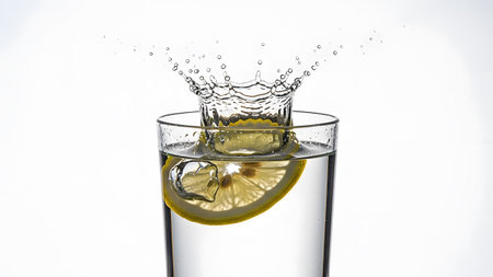 Refreshing lemon slice creates a dynamic splash in a clear glass of water on a pristine white backgroundの写真素材