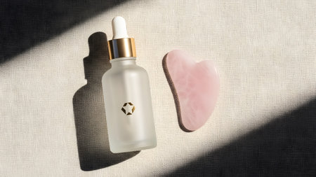 Elevate your daily skincare routine with a nourishing serum and soothing rose quartz gua shaの写真素材