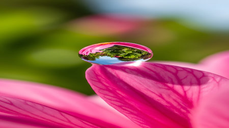 A crystal clear dewdrop reflecting a miniature world of green and blue on a vibrant pink petalの写真素材