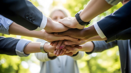A diverse group of business professionals stacking hands together symbolizing unity and teamwork