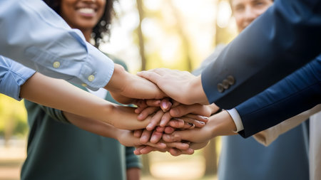 Diverse team building a strong foundation through unified hands for collaborative success
