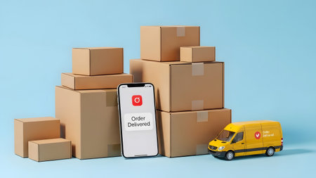 Prompt online order delivery tracked on a smartphone with stacked packages and a yellow van